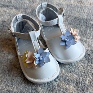 Children's White T-Strap Sandals with Pastel Flower Accents